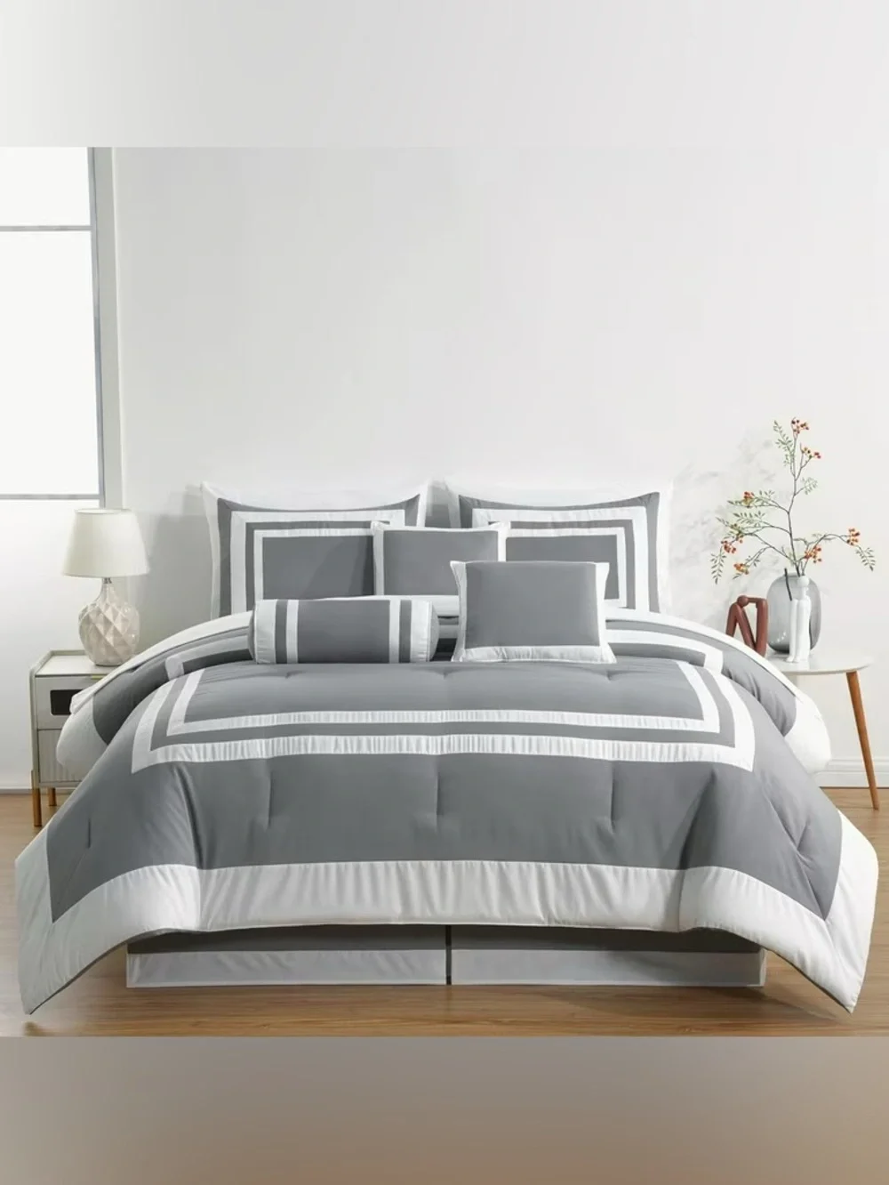 Gray and White Geometric cal king 3 piece Comforter Set